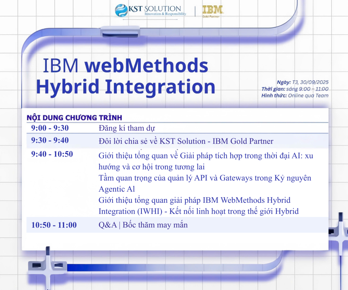Webinar: IBM webMethods Hybrid Integration IBM webMethods Hybrid Integration chính là nền tảng tiên phong, hỗ trợ kết nối ứng dụng, quản lý API, xử lý dữ liệu, sự kiện và giao dịch B2B/EDI trên một nền tảng duy nhất.